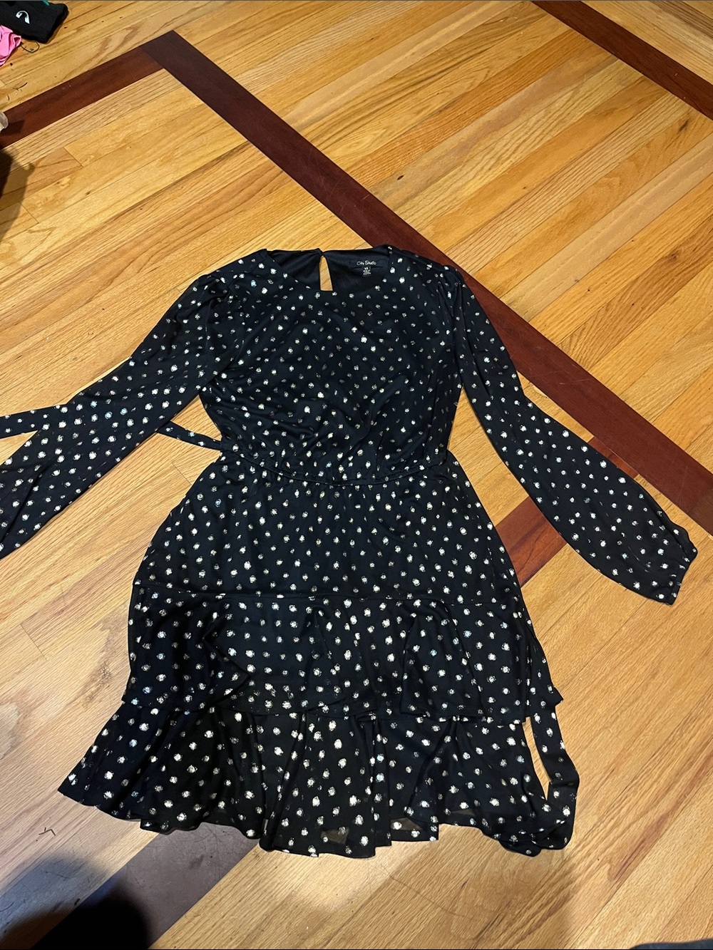 Black Polka Dot Ruffle Long-Sleeve Dress